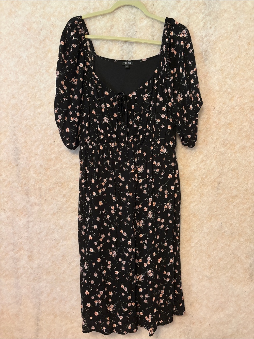 torrid Black Floral Midi Dress with Tie Front and Puff Sleeves